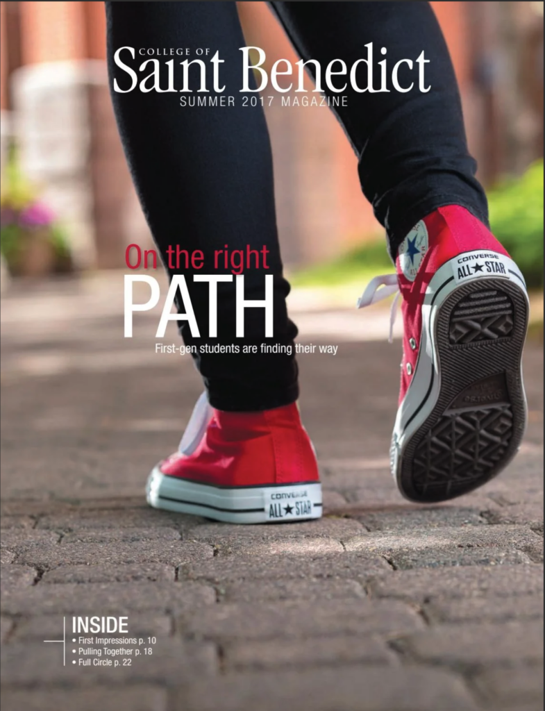 A person walks on a cobblestone path wearing red Converse sneakers. The cover text reads "On the right PATH" and highlights first-generation students. It's the Summer 2017 edition of the College of Saint Benedict Magazine.